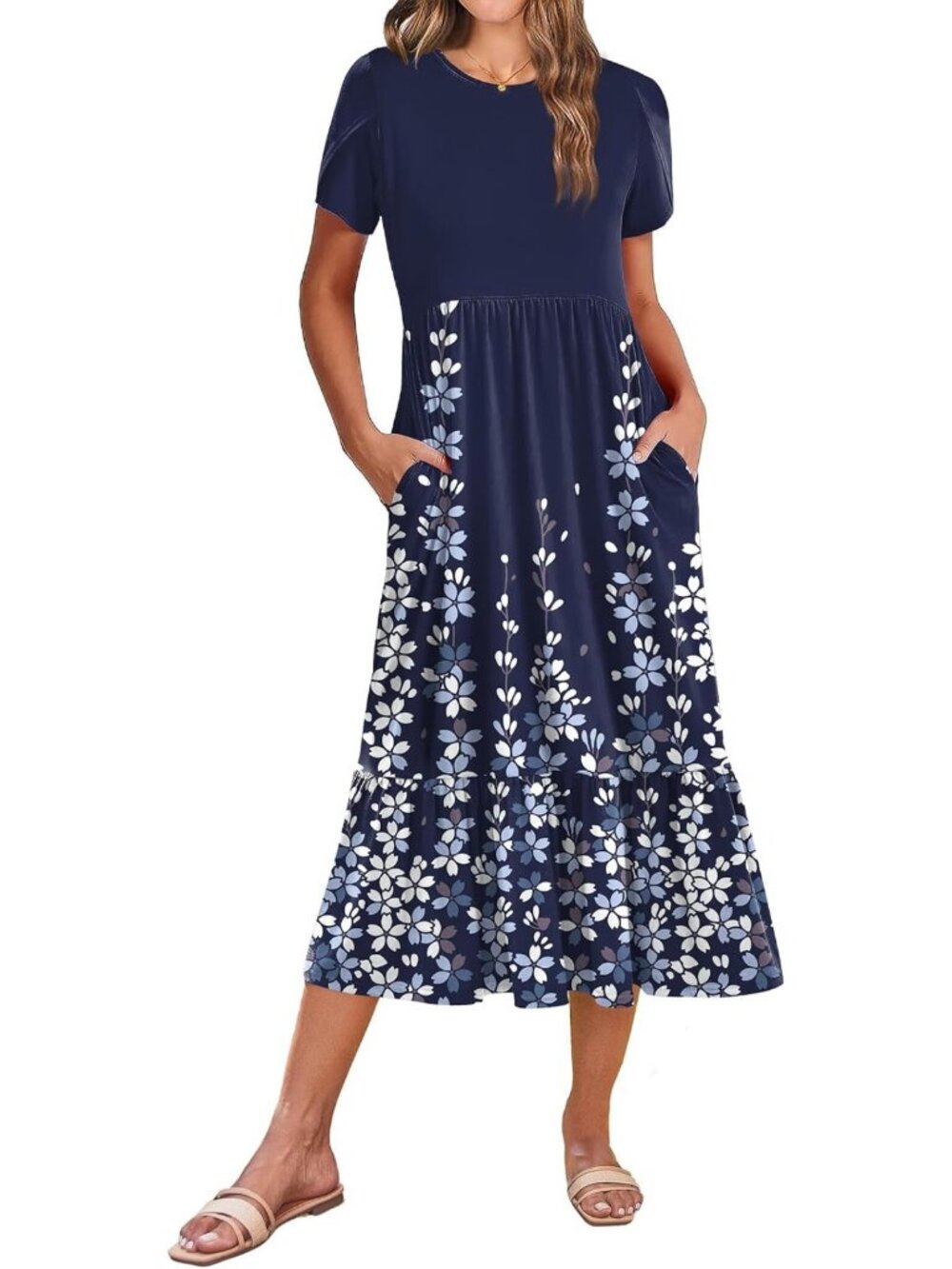 Summer Midi A-Line Dress for Women - Casual Flowy Tiered Sundress with Pockets